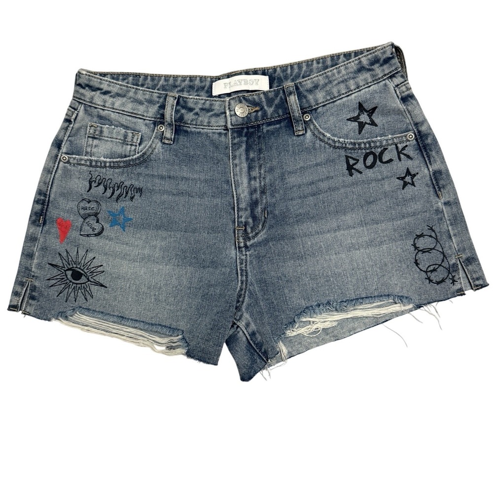 Playboy‎ Denim Jorts Jean Shorts Size 7 Graffiti Doodles Heart Dice Flames Bunny